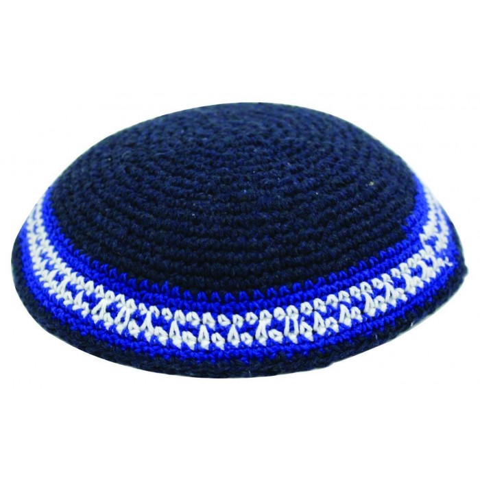 Knitted Kippah in Blue with Blue and White Stripes