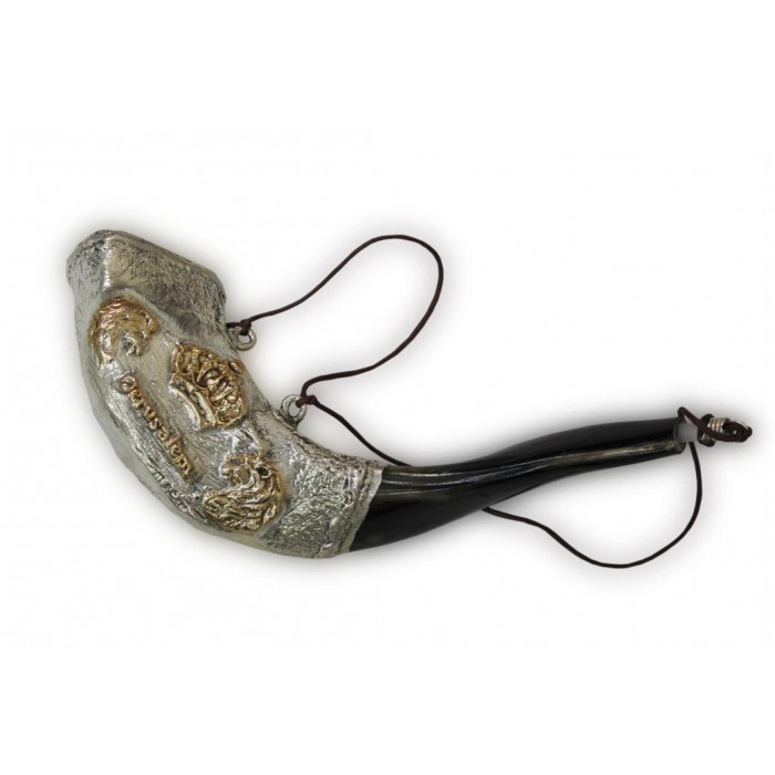 Anointing Ram Horn Shofar in Sterling Silver with Jerusalem Lions and Crown