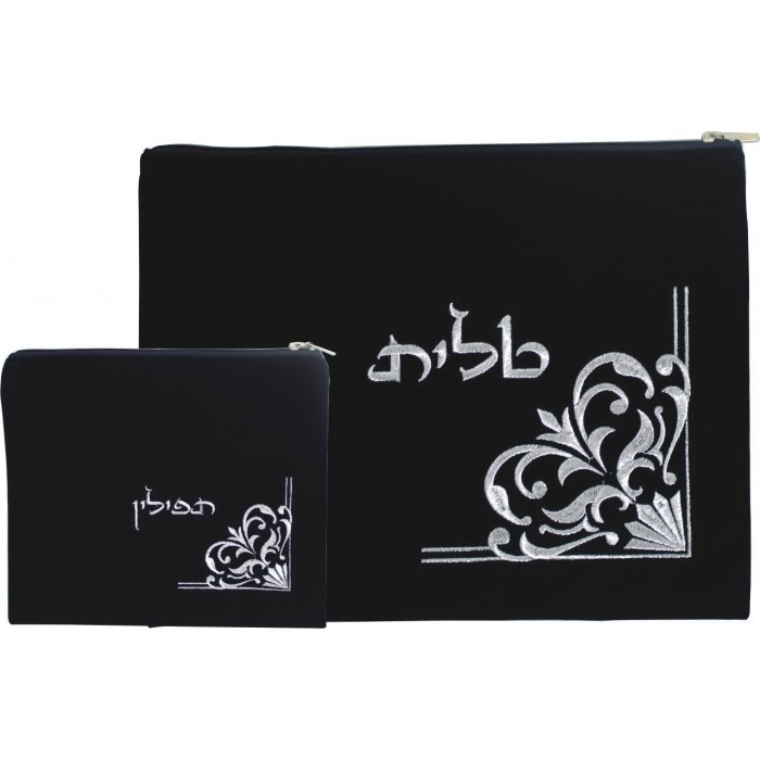 Tallit and Tefillin Set in Dark Blue Velvet with Silver Decorations