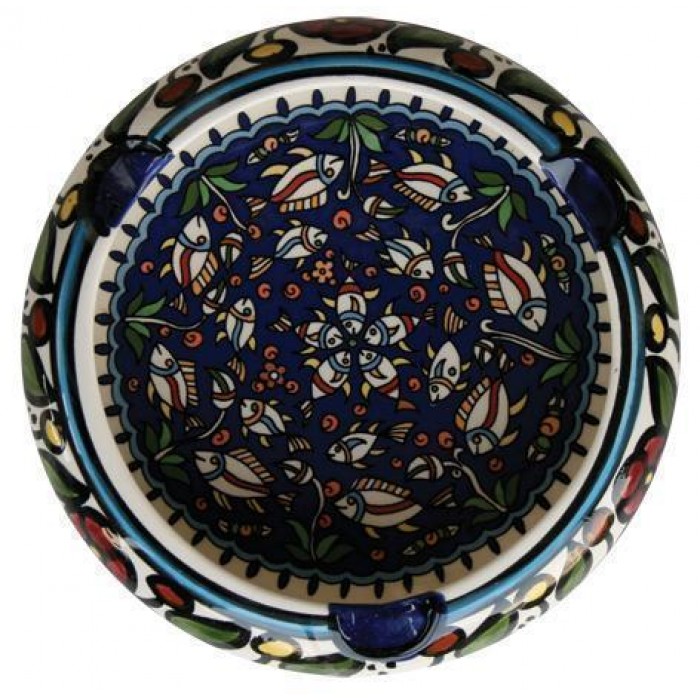 Armenian Ceramic Round Ashtray with Fish & Floral Motif 