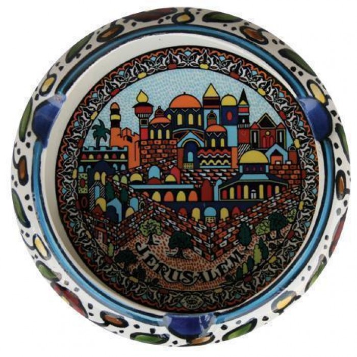 Armenian Ceramic Round Ashtray with Ancient Jerusalem Motif