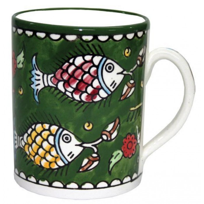 Armenian Ceramic Mug with Green Fish & Floral Motif