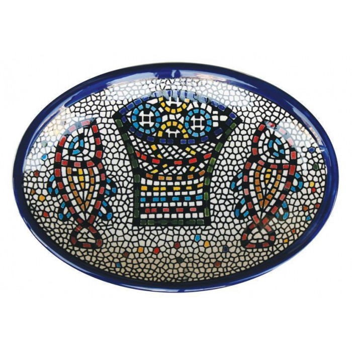 Armenian Ceramic Oval Bowl with Mosaic Fish & Bread