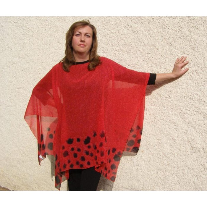 Silk Poncho in Red with Black Animal Print by Galilee Silks