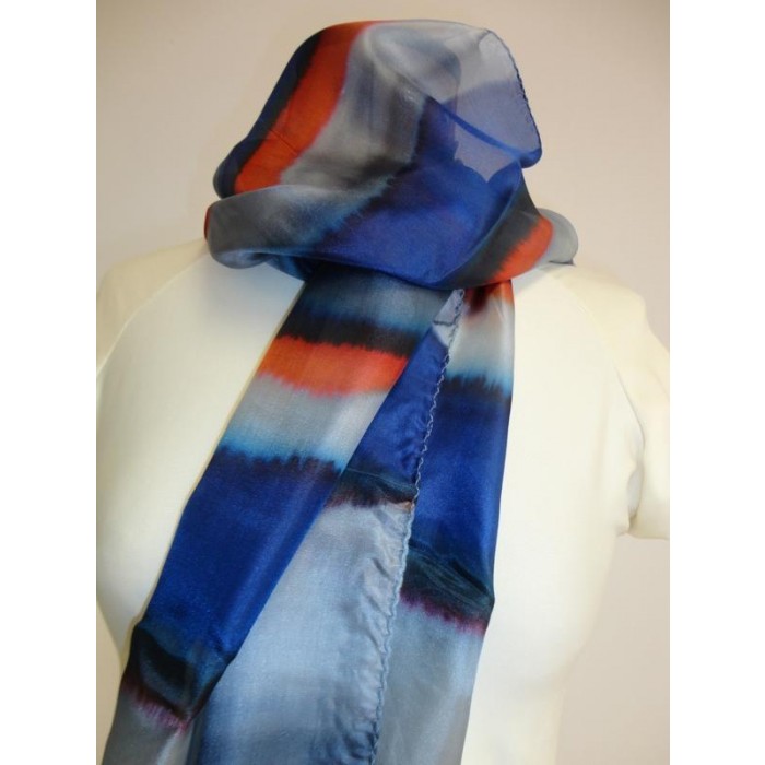Silk Scarf with Gray, Blue & Orange Streaks by Galilee Silks