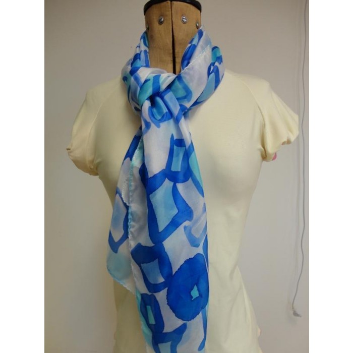 Silk Scarf in White with Blue Square Print by Galilee Silks