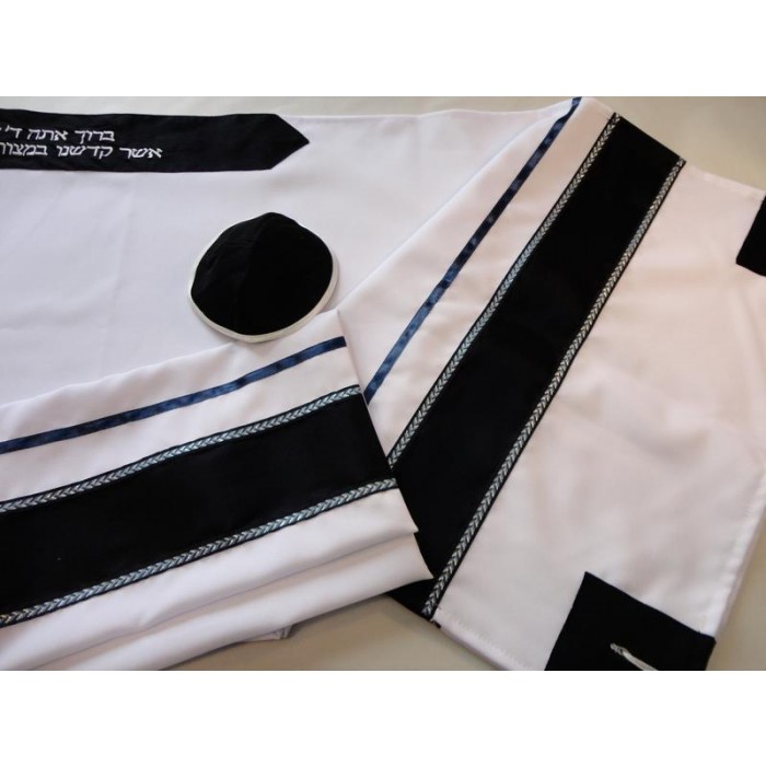 Tallit in White & Black with Braided Strips by Galilee Silks