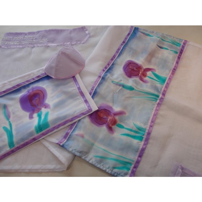 Women’s Tallit with Purple Irises Silk Painting by Galilee Silks