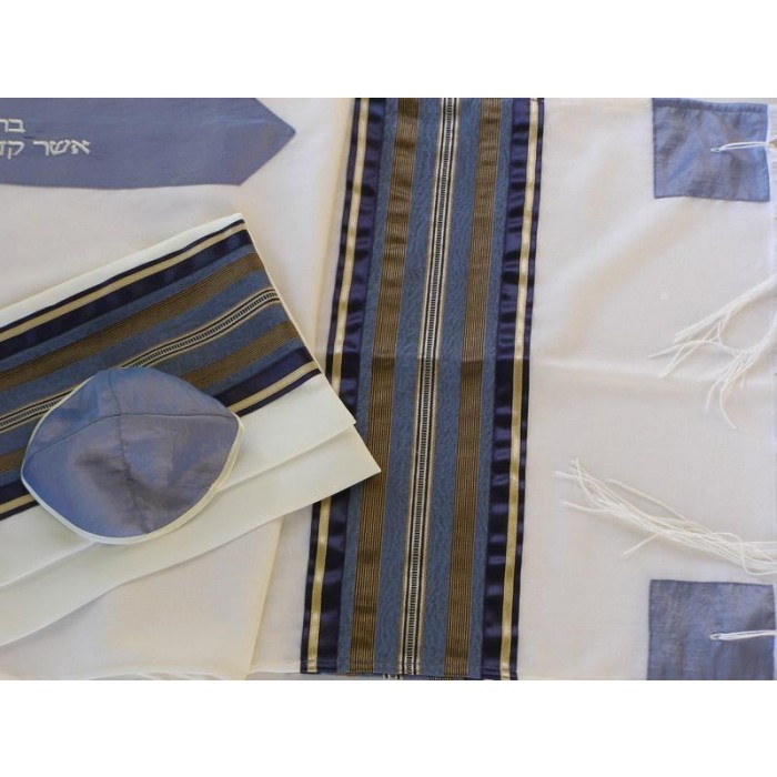 Tallit in White with Blue & Gold Stripes by Galilee Silks