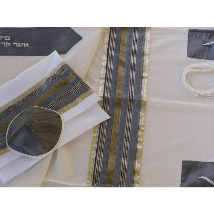 Tallit in White with Gray & Gold Stripes by Galilee Silks