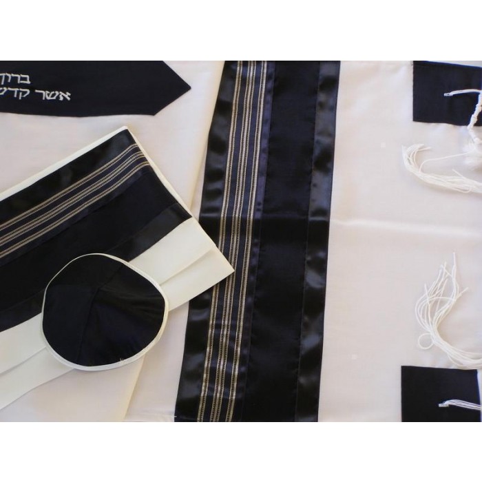 Tallit in White & Black with Gold Strips by Galilee Silks