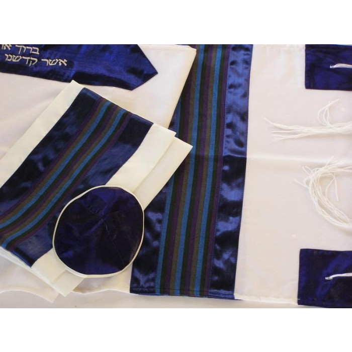 Tallit in White with Black, Blue & Navy Stripes by Galilee Silks