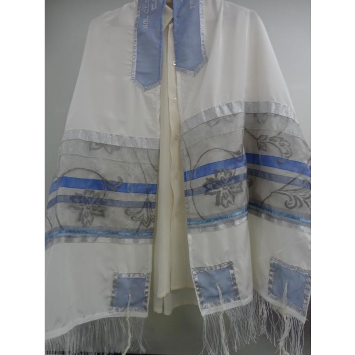 Women’s Tallit in White with Blue & Gray Shades by Galilee Silks