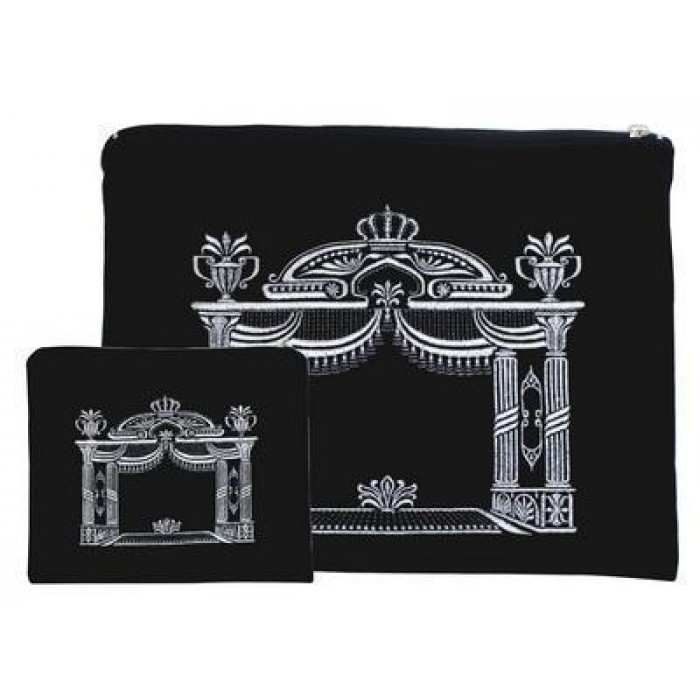 Tallit and Tefillin Set in Black Velvet with Silver Vienna Gate