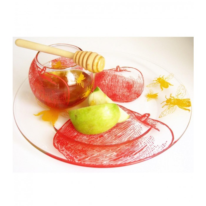 Honey Serving Set with Apples & Bees Design in Glass
