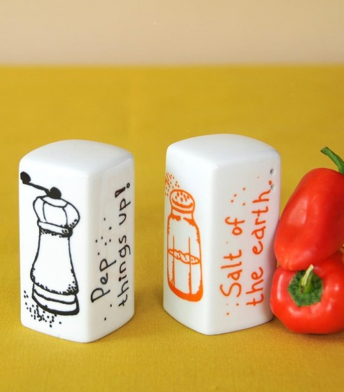 Salt and Pepper Shakers with Illustrations & English Text