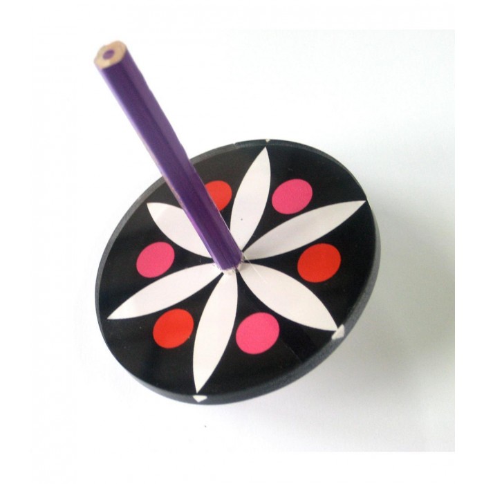 Dreidel in Black with White Flower and Dots in Pink and Red 
