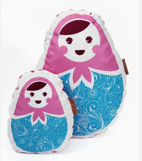 Cushion Set with Two Babushka Dolls in White, Pink, and Blue