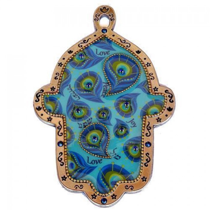 Hamsa Blessing with Swarovski Crystals & Peacock Feather Design