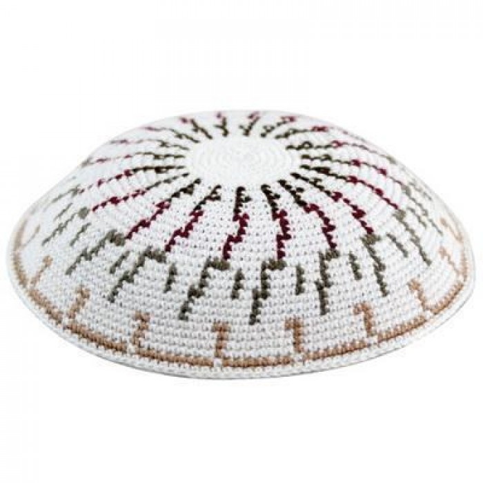 White Kippah with Knitted DMC Design and Decorative Lines