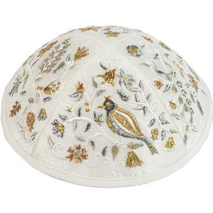 Kippah with Gold & Silver Embroidered Birds & Flowers- Yair Emanuel