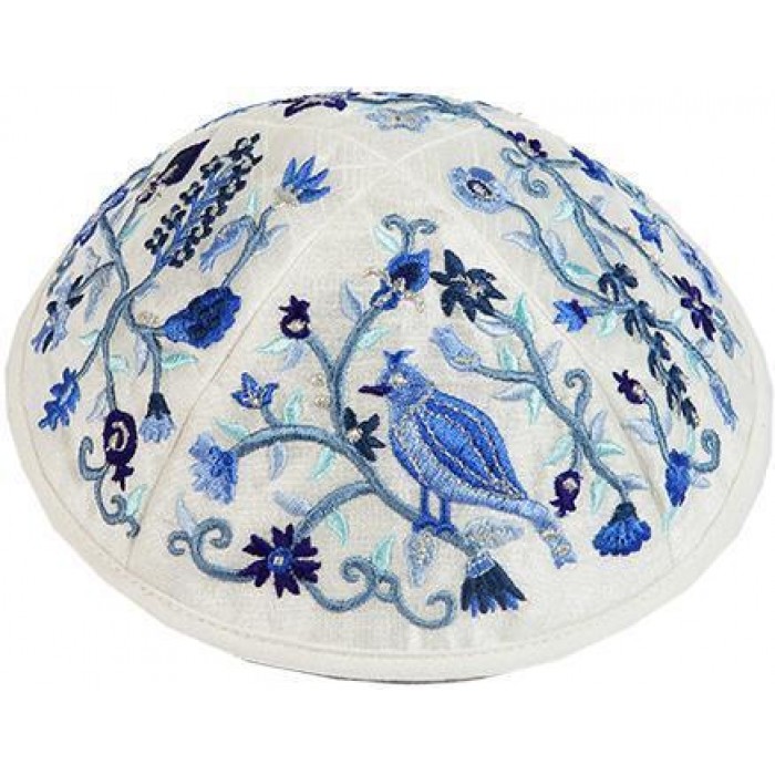 Kippah with Blue Embroidered Birds & Flowers- Yair Emanuel 