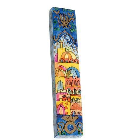 Hand painted Mezuzah with Jerusalem Panorama in Wood-Yair Emanuel