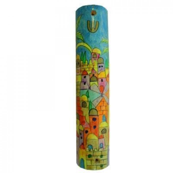 Hand painted Mezuzah with Jerusalem Image in Wood-Yair Emanuel