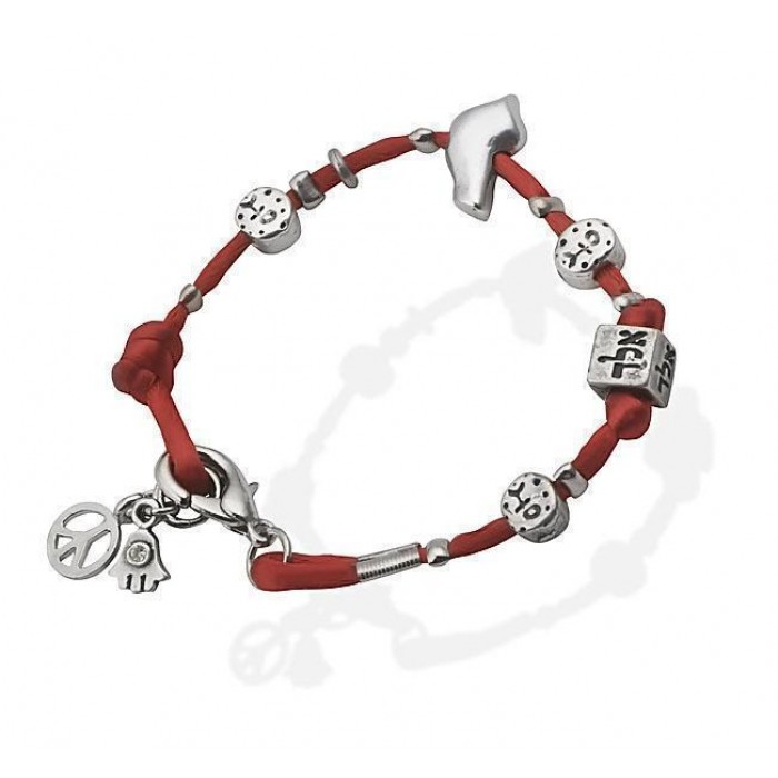 Bracelet in Red Silk with Silver Plated Charms in 18cm