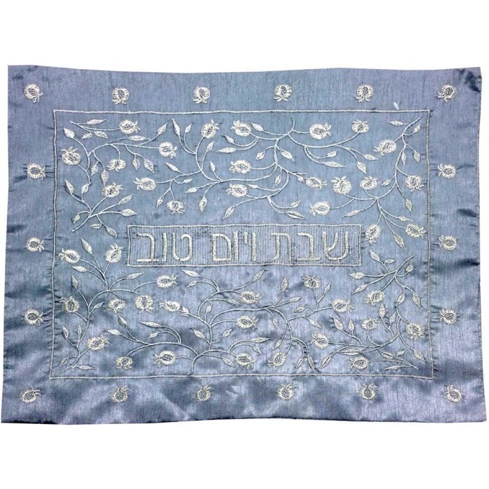 Challah Cover in Gray with Golden Pomegranates and Hebrew Text