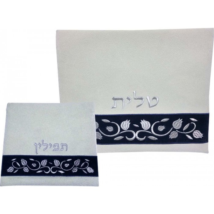 Tallit and Tefillin Bag Set with Pomegranates in Faux Leather