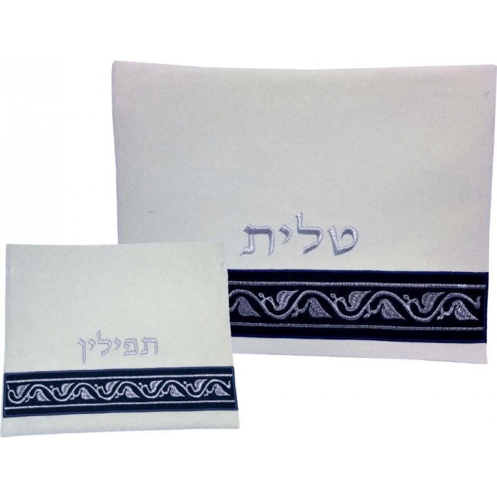 Tallit and Tefillin Bag Set in Faux Leather with Swirling Leaf Pattern