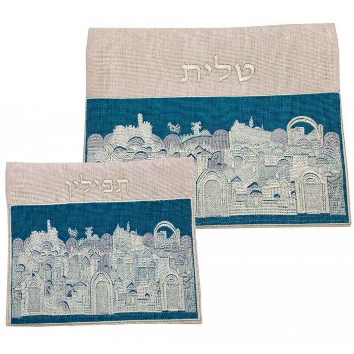 Tallit and Tefillin Bag Set in Beige and Turquoise Linen with Jerusalem