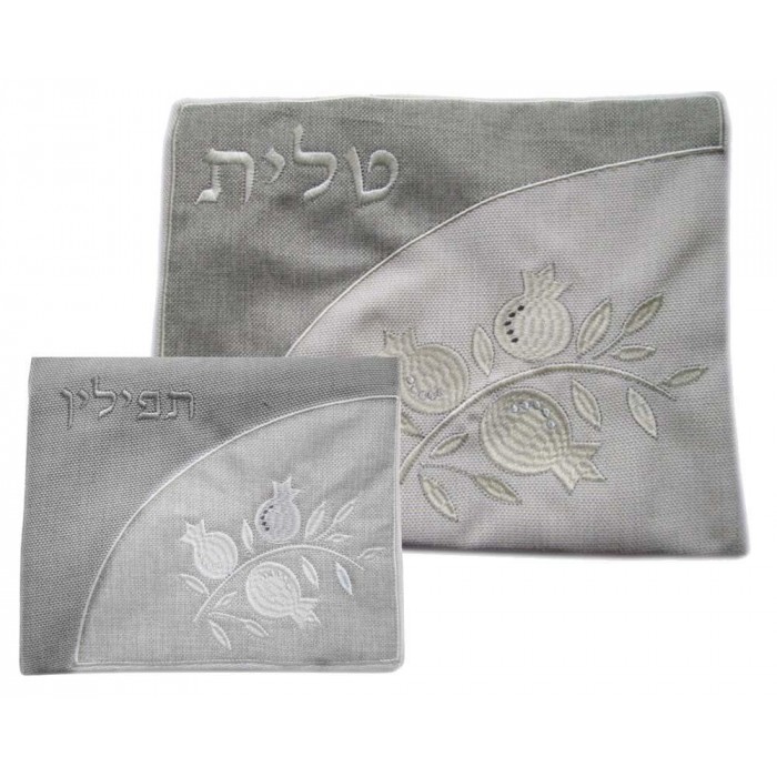 Tallit and Tefillin Bag Set in Gray Linen with Pomegranates