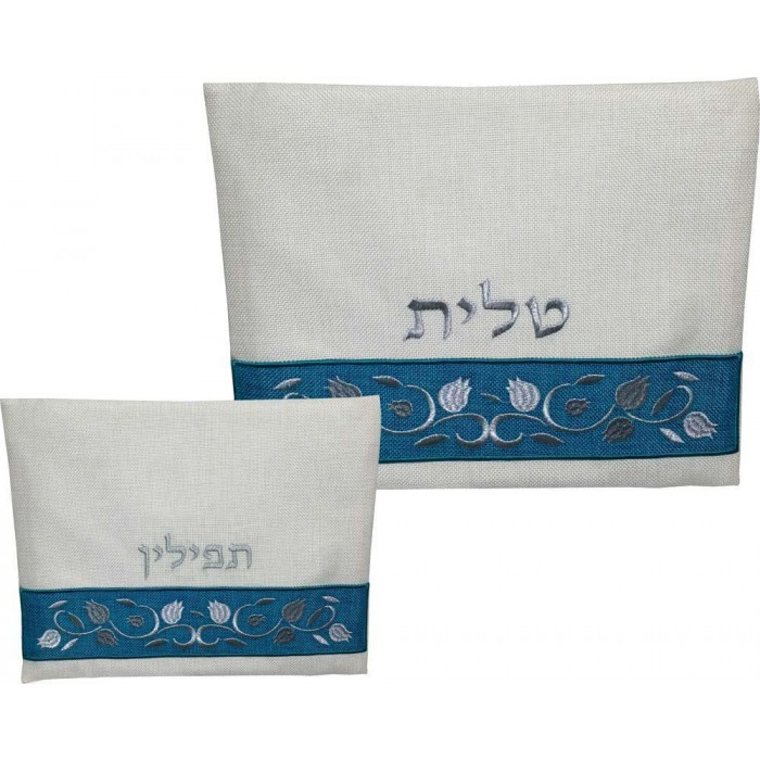 Tallit and Tefillin Bag Set in White and Blue Linen