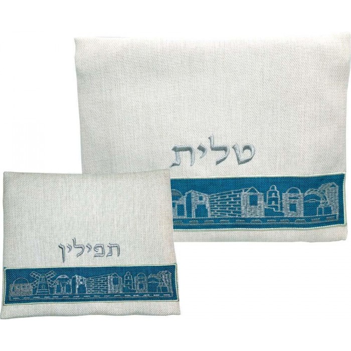 Tallit and Tefillin Bag Linen Set with Jerusalem Embroidery