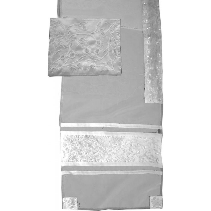 Tallit Set in Gray Organza with White Embroidery
