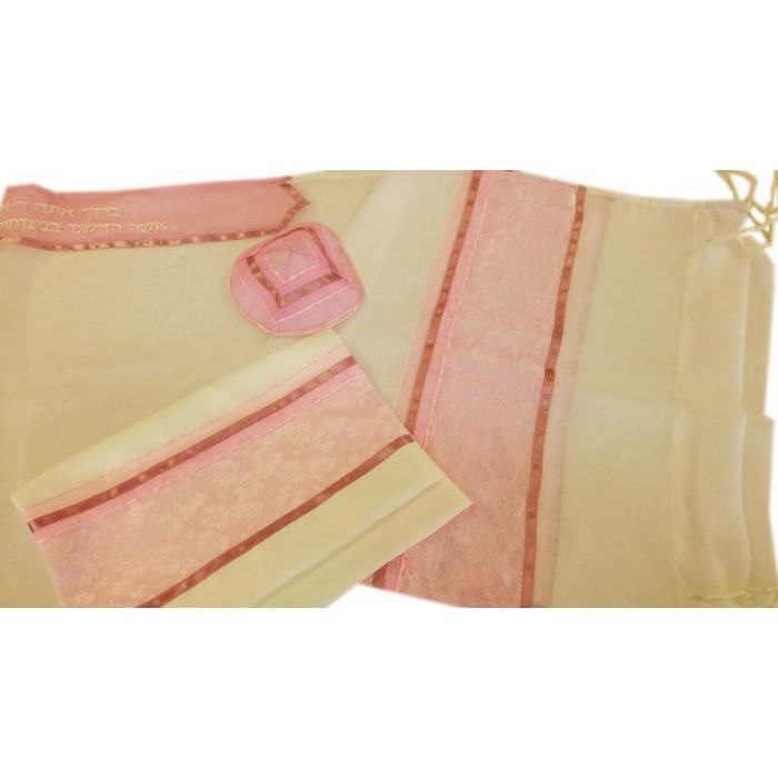 Women's Tallit in White with Pink Ribbon by Galilee Silks