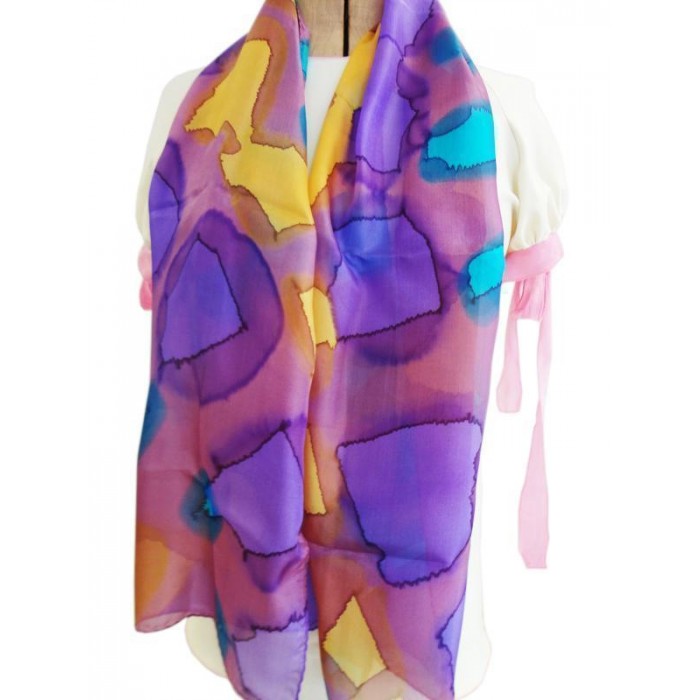 Silk Scarf in Pink with Purple, Yellow and Turquoise Patches by Galilee Silks