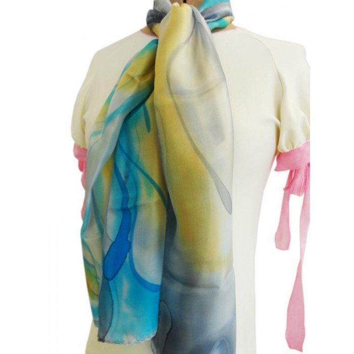 Silk Scarf in Grey with Yellow and Turquoise Streaks by Galilee Silks