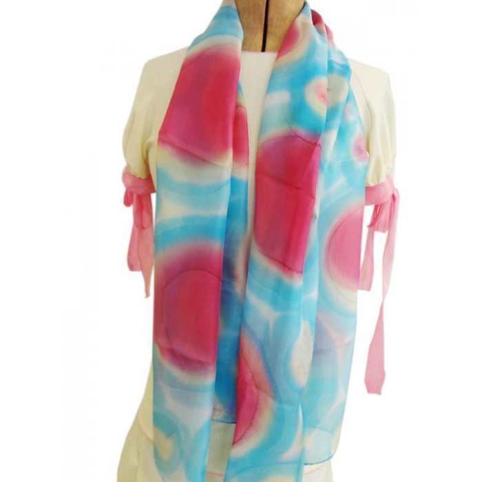 Silk Scarf in Light Blue with Pink Spots