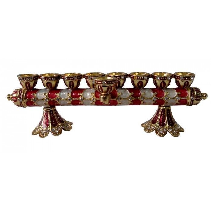 Gold-Plated Menorah & Candlesticks in Red and White