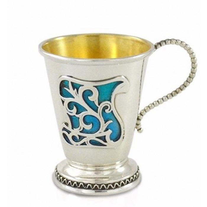 Kiddush Cup in Sterling Silver with Turquoise Enamel by Nadav Art