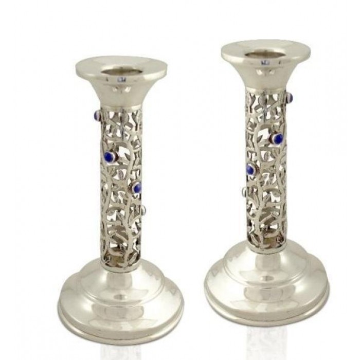Modern Shabbat Candlesticks with Branch Design & Semiprecious Stones by Nadav Art 