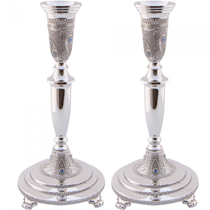 27 Centimeter Nickel Candlesticks with Filigree Design and Paisleys