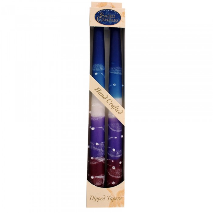 Wax Shabbat Candles by Safed Candles with Blue, Purple, White and Red Stripes