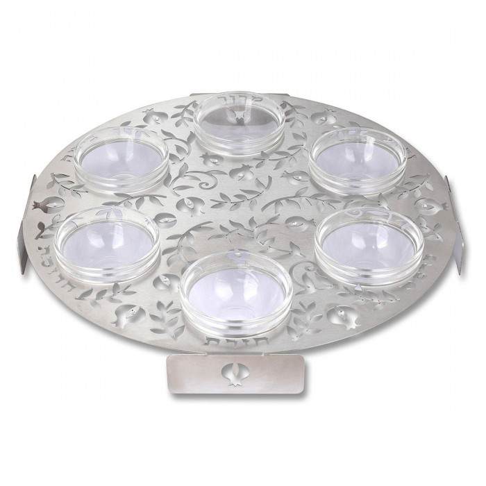 Round Seder Plate in Stainless Steel with Glass Saucers and Pomegranates