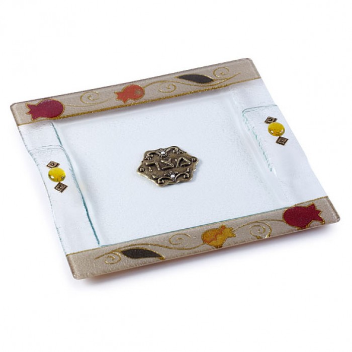 Glass Matzah Plate with Pomegranates and Beads