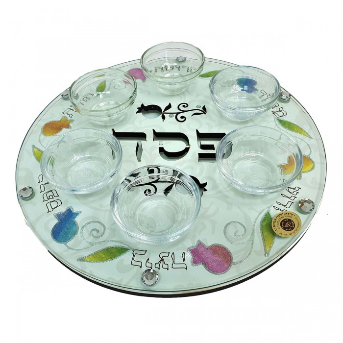 Seder Plate with Colorful Pomegranate Theme Hand Painted on Glass 