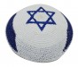 White Knitted Kippah with Blue Israel Flag Design